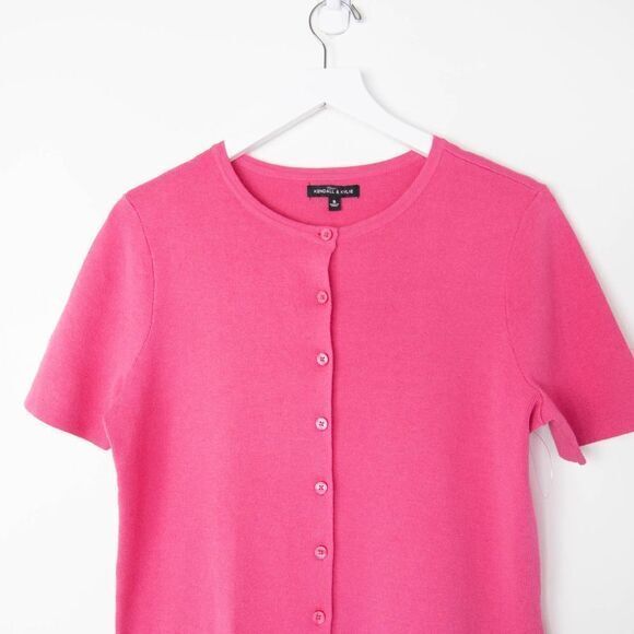 NWOT KENDALL + KYLIE button-front short-sleeve cotton blend sweater, Pink, Small - Picture 3 of 8